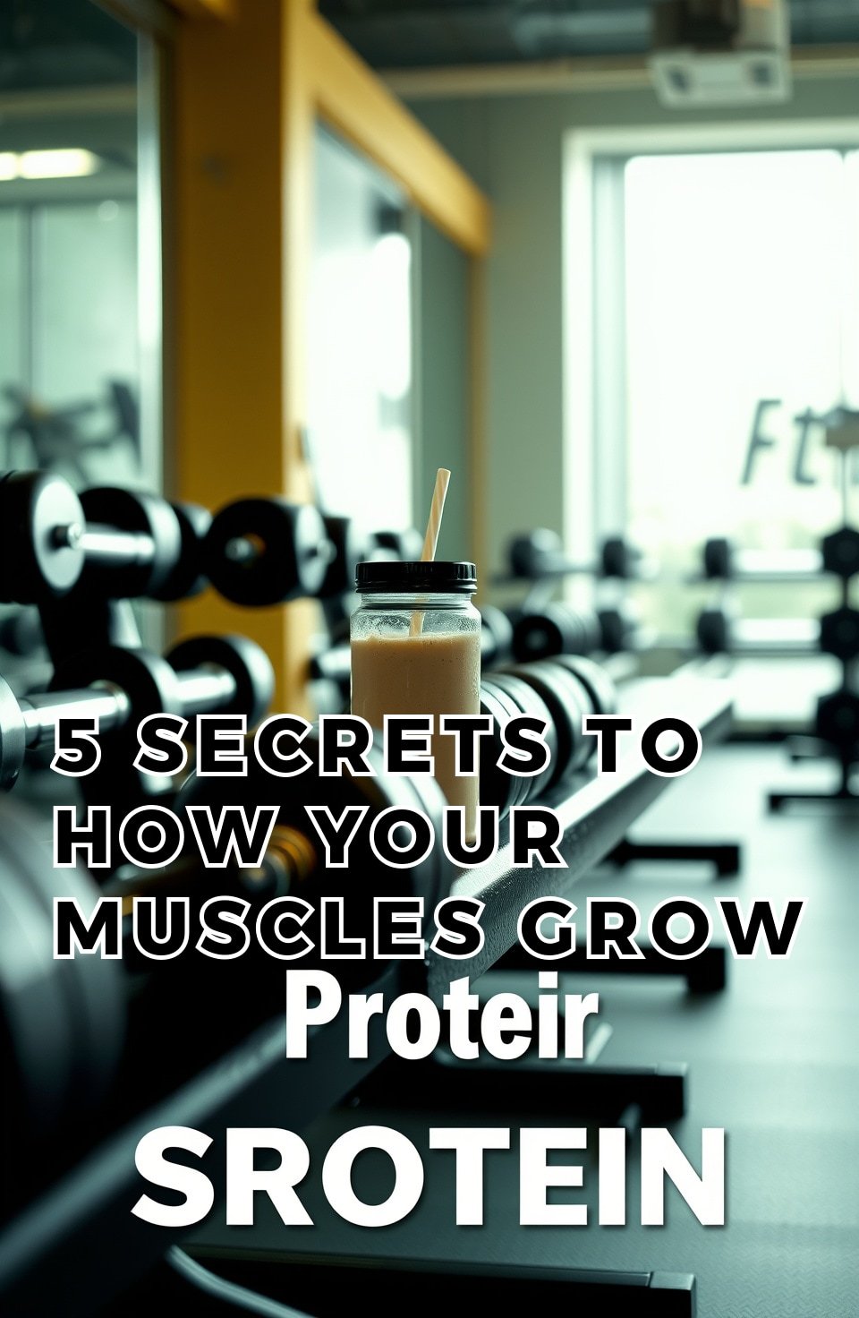 How do your Muscles Grow? (With 2020 Research Updates) - Pinterest Pin A close-up of weights and a protein shake on a gym bench, emphasizing muscle growth